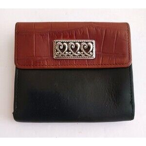 Brighton Bi Fold Wallet Blk Smooth Leather Brown Croc Silver Filigree Trim 3.5X4